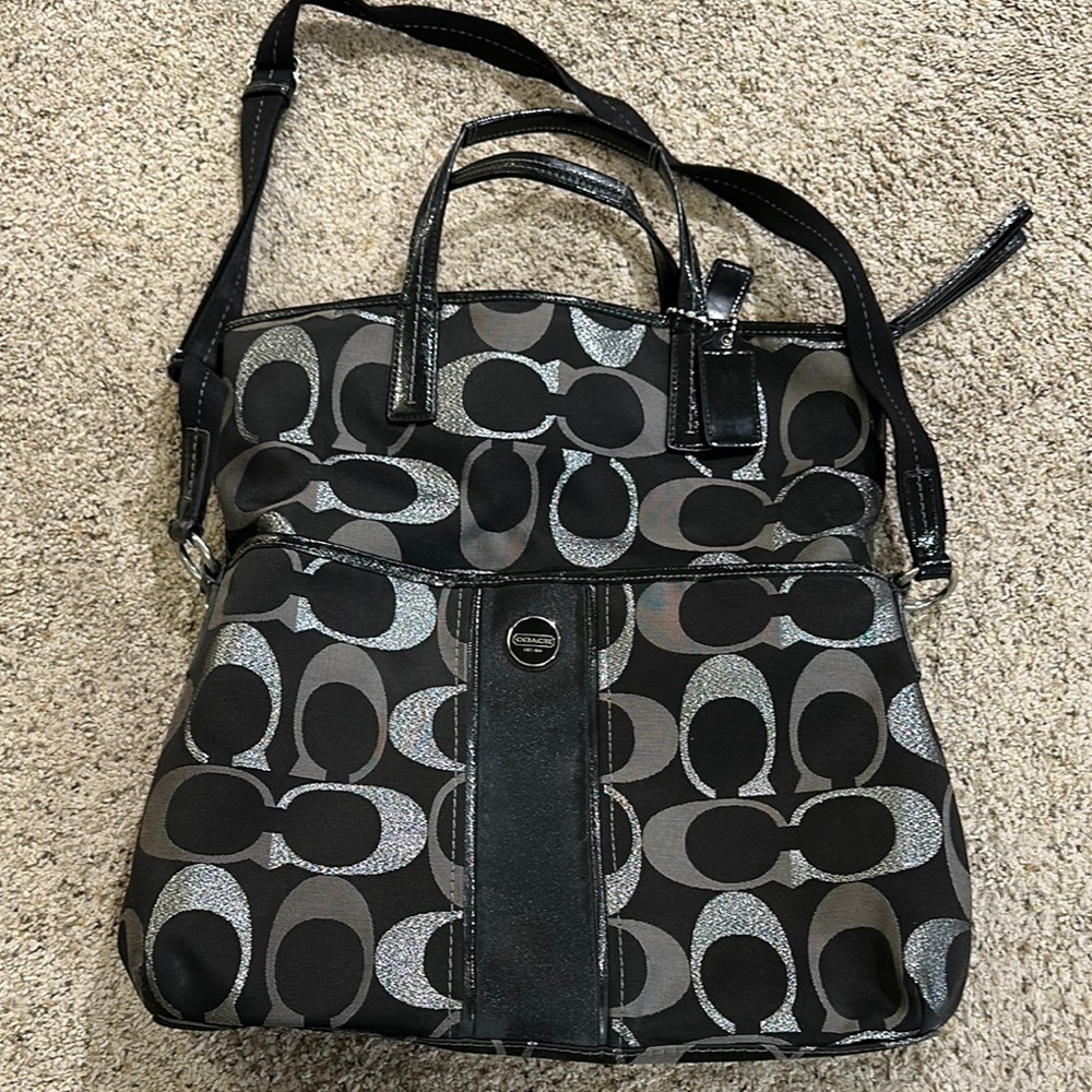 Coach Black and Gray Shoulder Bag with Signature Pattern
